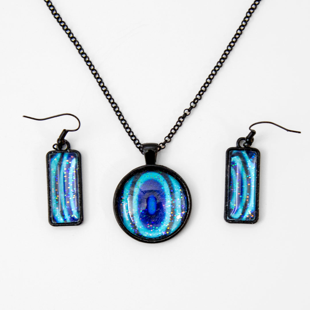 Blue and Turquoise Wave Small Round Pendant and Earrings