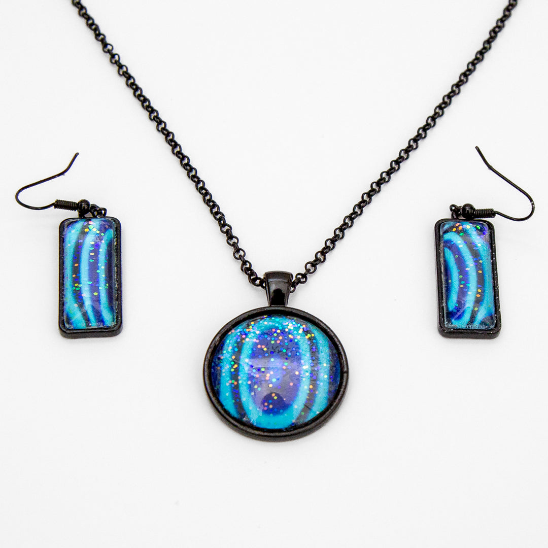 Blue and Turquoise Wave Small Round Pendant and Earrings