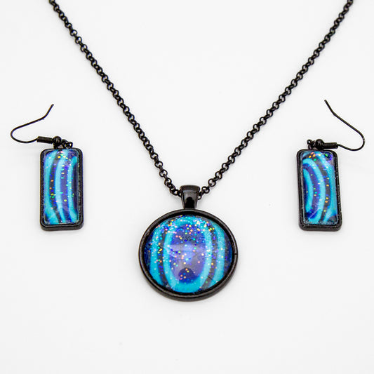 Blue and Turquoise Wave Small Round Pendant and Earrings