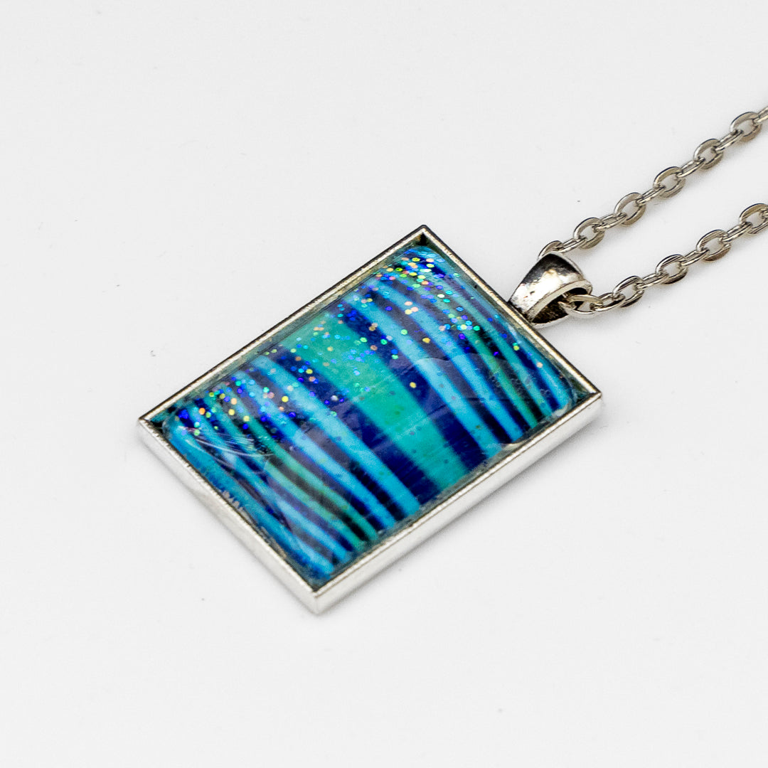 Blue Green Stripes and Sparkles Pendant and Earrings A