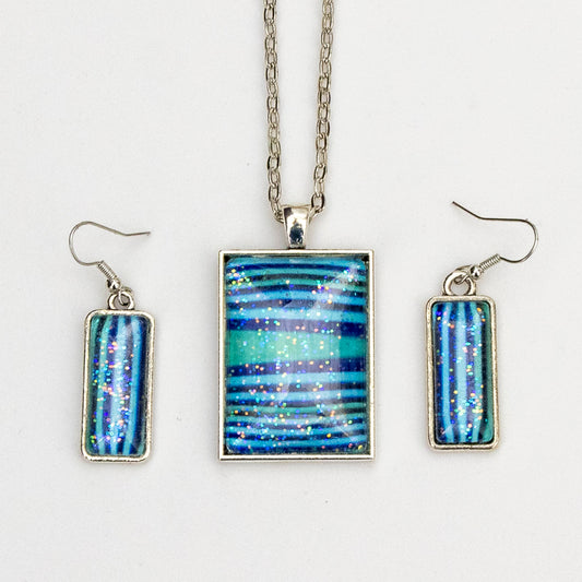 Blue Green Stripes and Sparkles Pendant and Earrings A