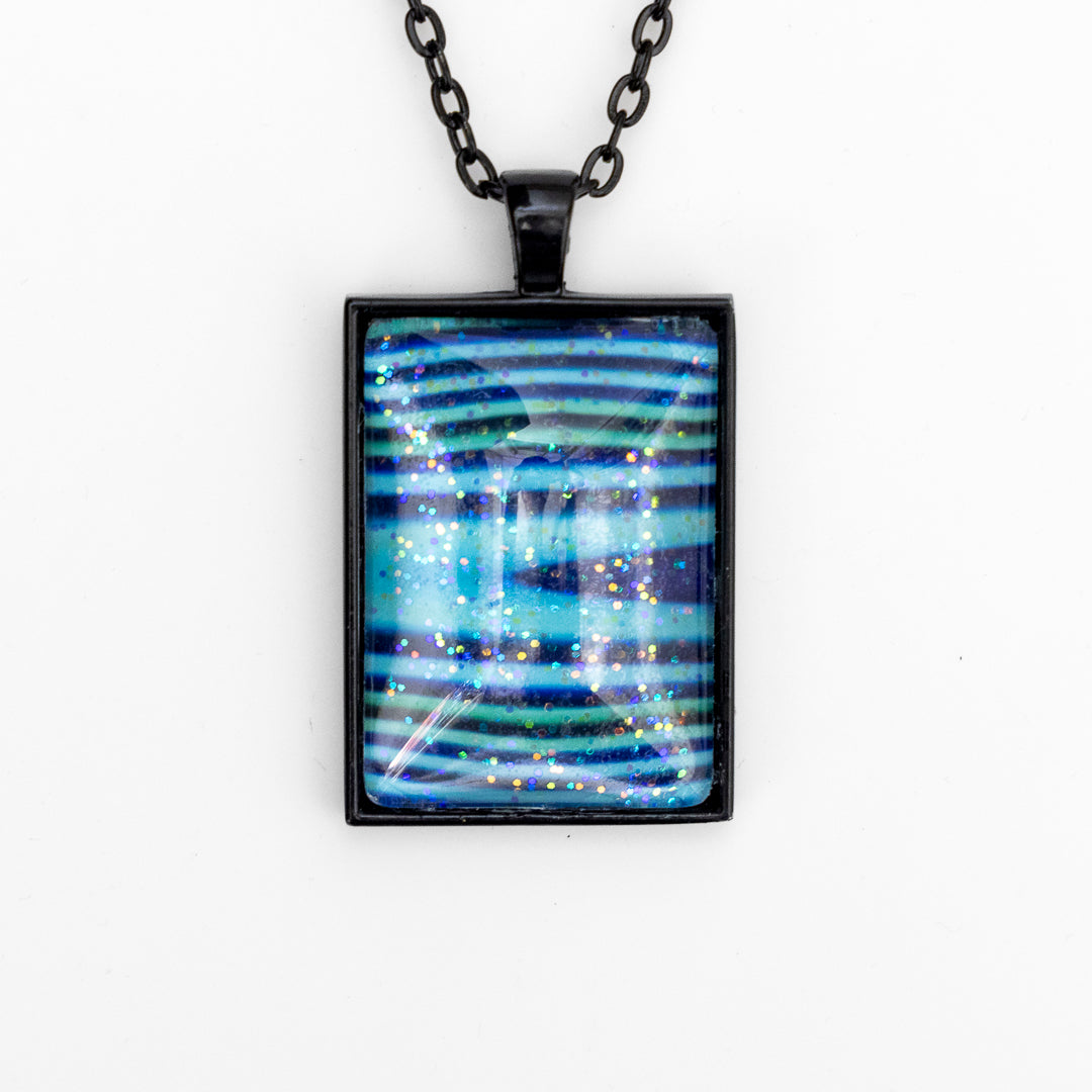 Blue Green Stripes and Sparkles Pendant and Earrings B