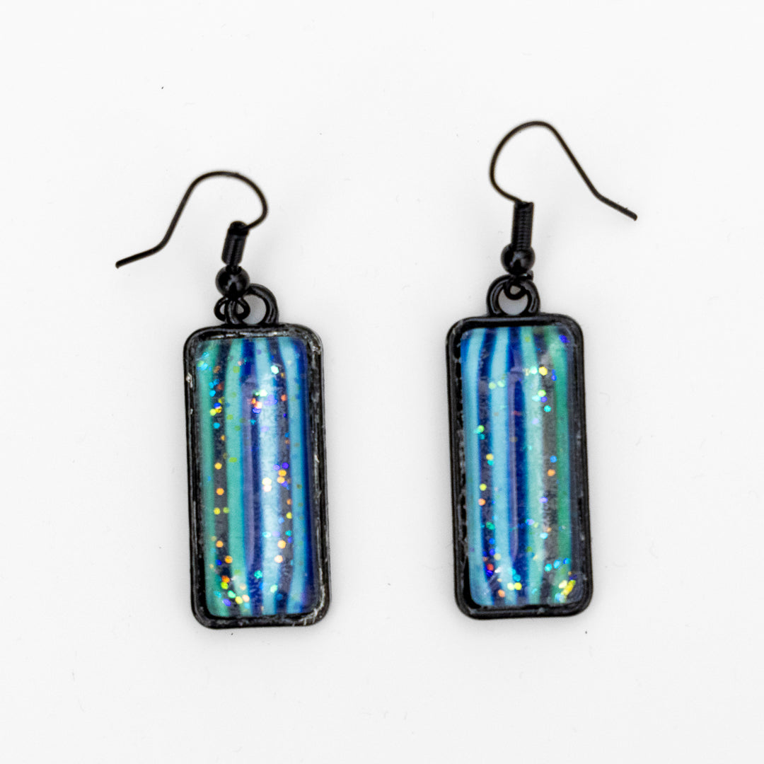 Blue Green Stripes and Sparkles Pendant and Earrings B