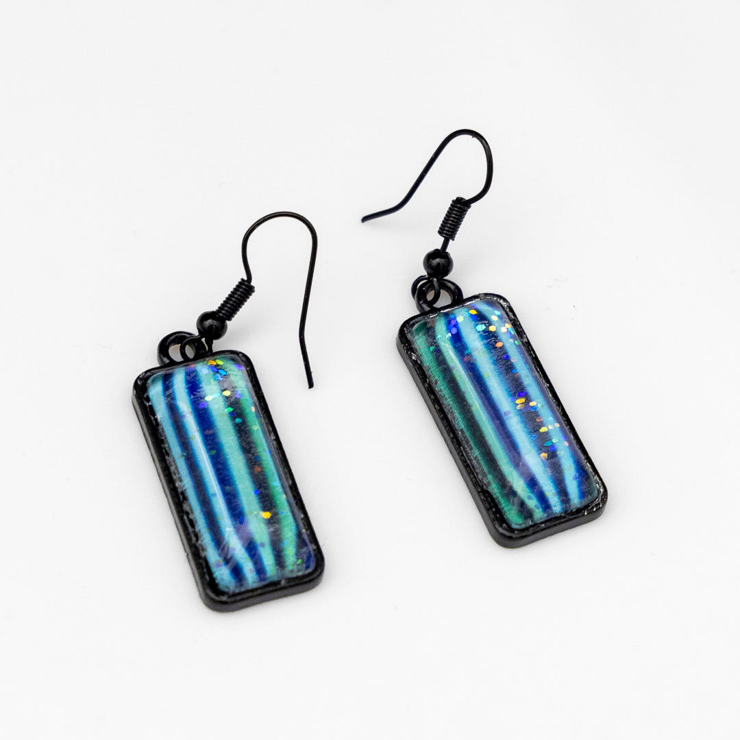 Blue Green Stripes and Sparkles Pendant and Earrings B