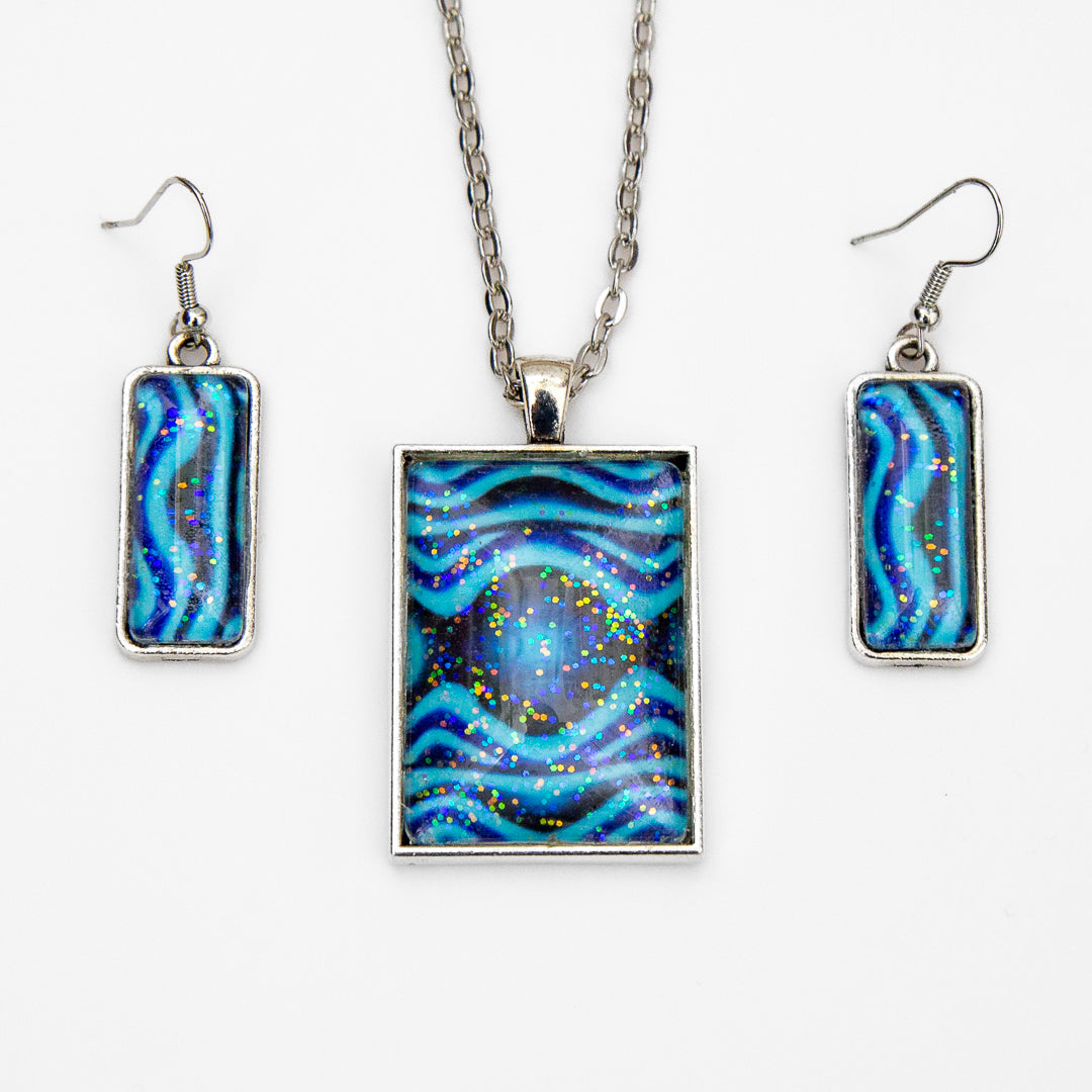 Blue Green Waves and Sparkles Pendant and Earrings
