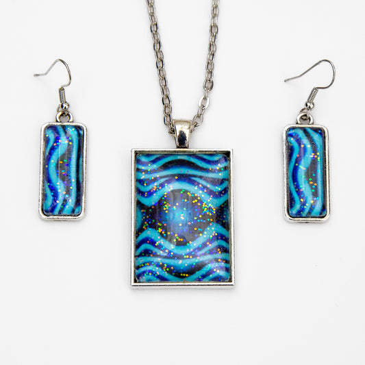 Blue Green Waves and Sparkles Pendant and Earrings