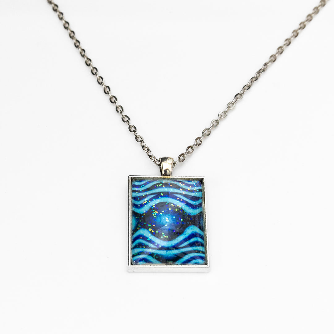 Blue Green Waves and Sparkles Pendant and Earrings