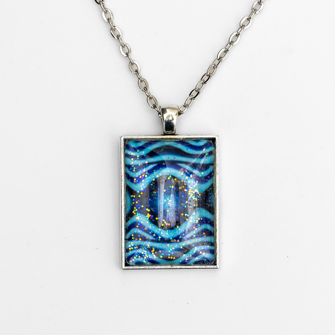 Blue Green Waves and Sparkles Pendant and Earrings