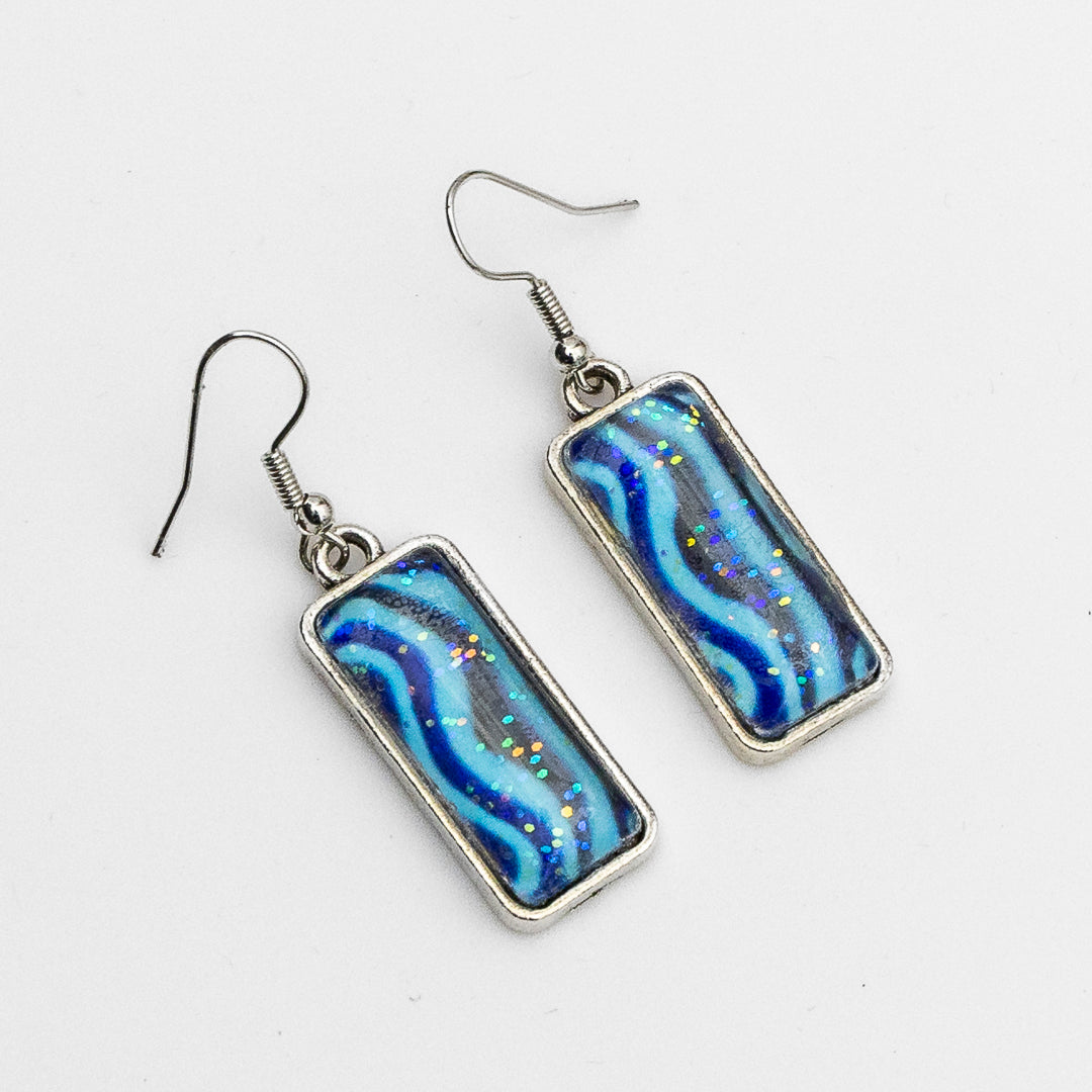 Blue Green Waves and Sparkles Pendant and Earrings
