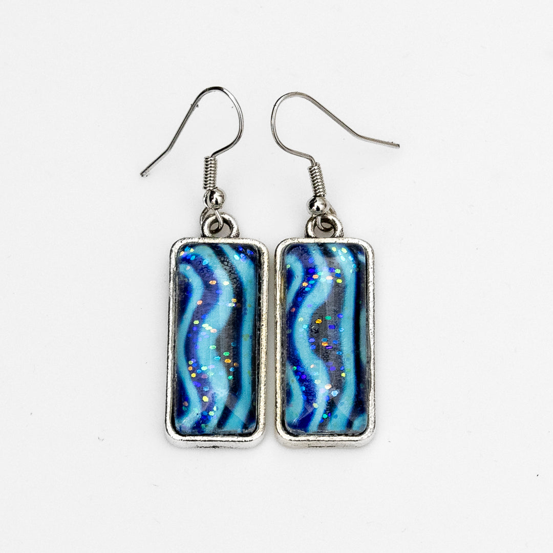 Blue Green Waves and Sparkles Pendant and Earrings
