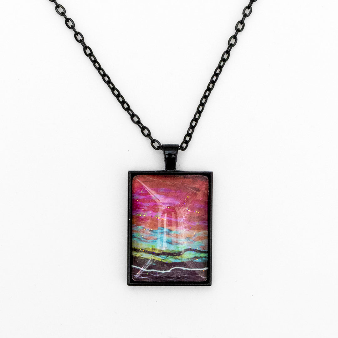 Red Teal Green Black with Sparkles Rectangular Pendant and Earrings