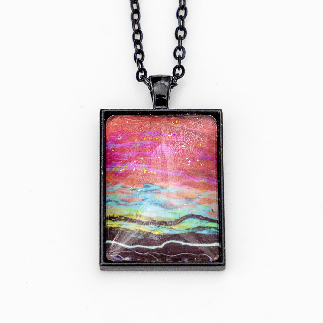 Red Teal Green Black with Sparkles Rectangular Pendant and Earrings