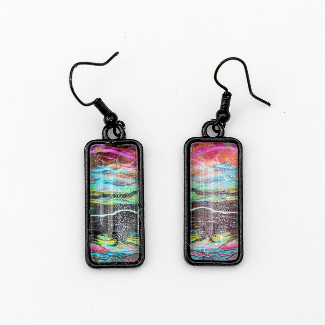 Red Teal Green Black with Sparkles Rectangular Pendant and Earrings