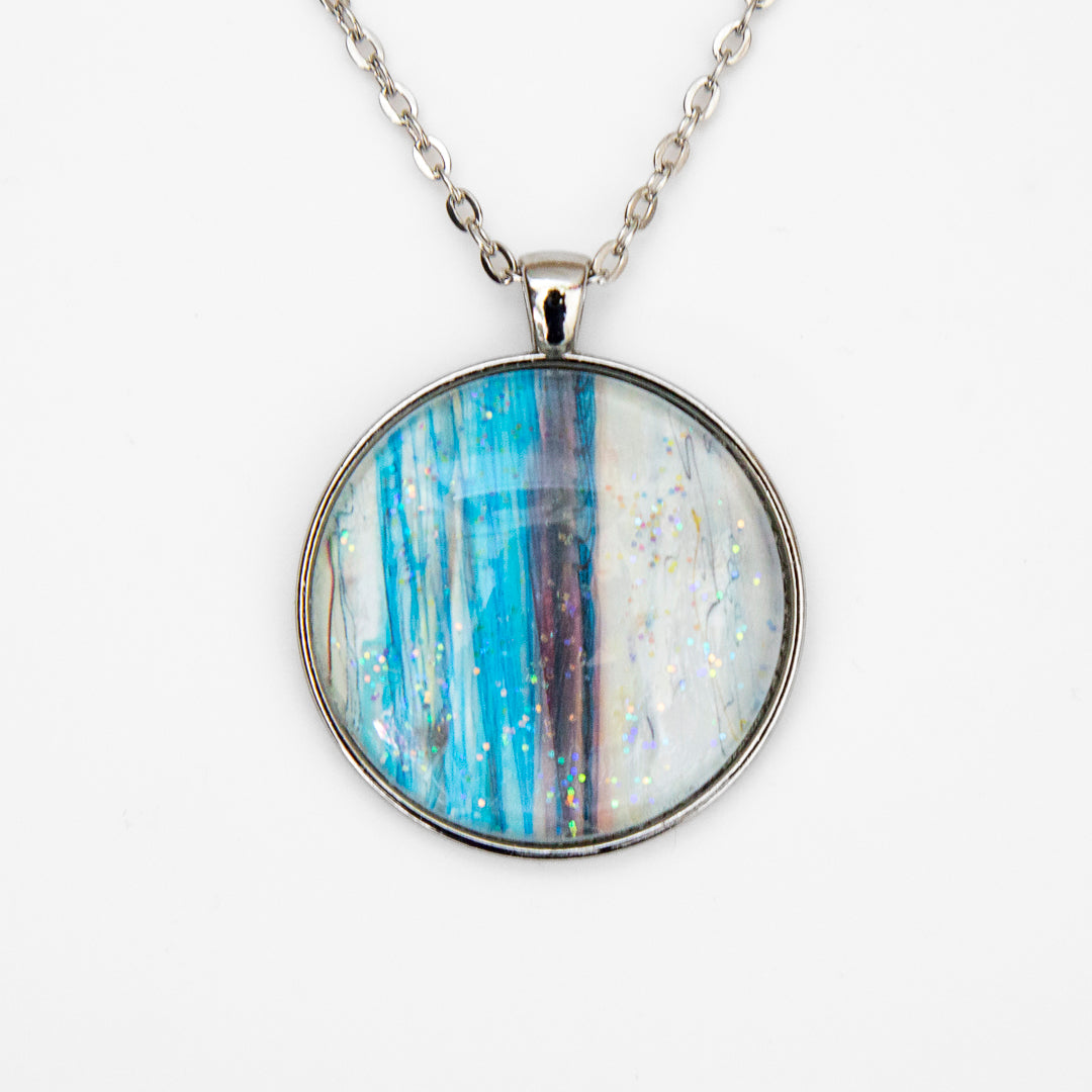 Blue, Gray and White with Sparkles Large Round Pendant