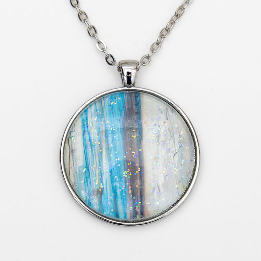 Blue, Gray and White with Sparkles Large Round Pendant
