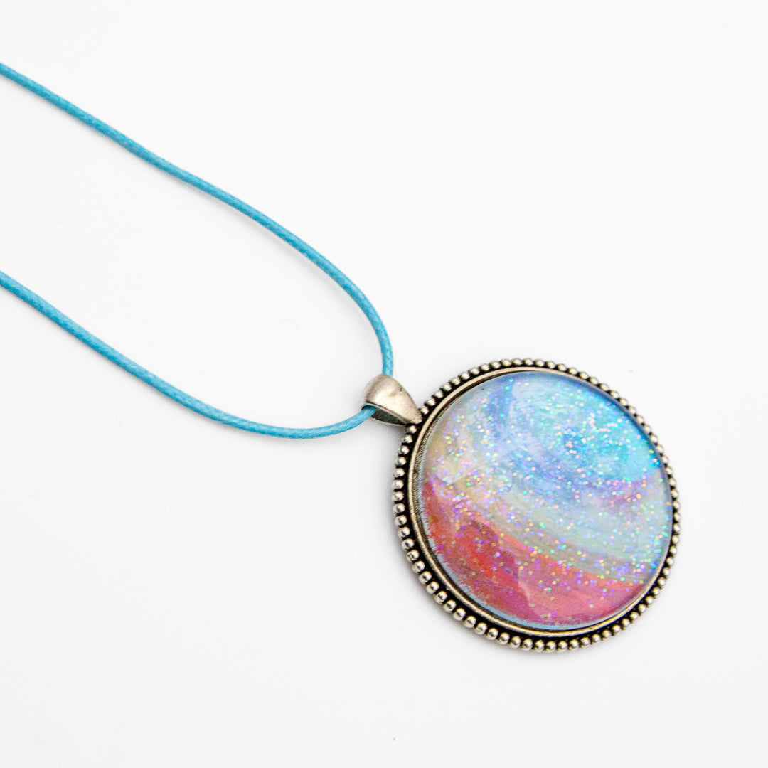 Coral, Yellow and Blue with Sparkles Large Round Pendant and Earrings