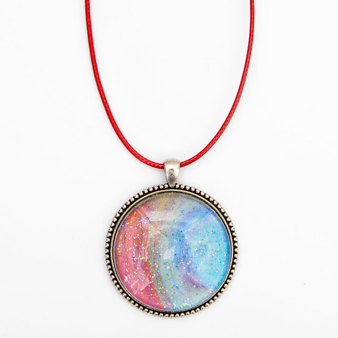 Coral, Yellow and Blue with Sparkles Large Round Pendant and Earrings