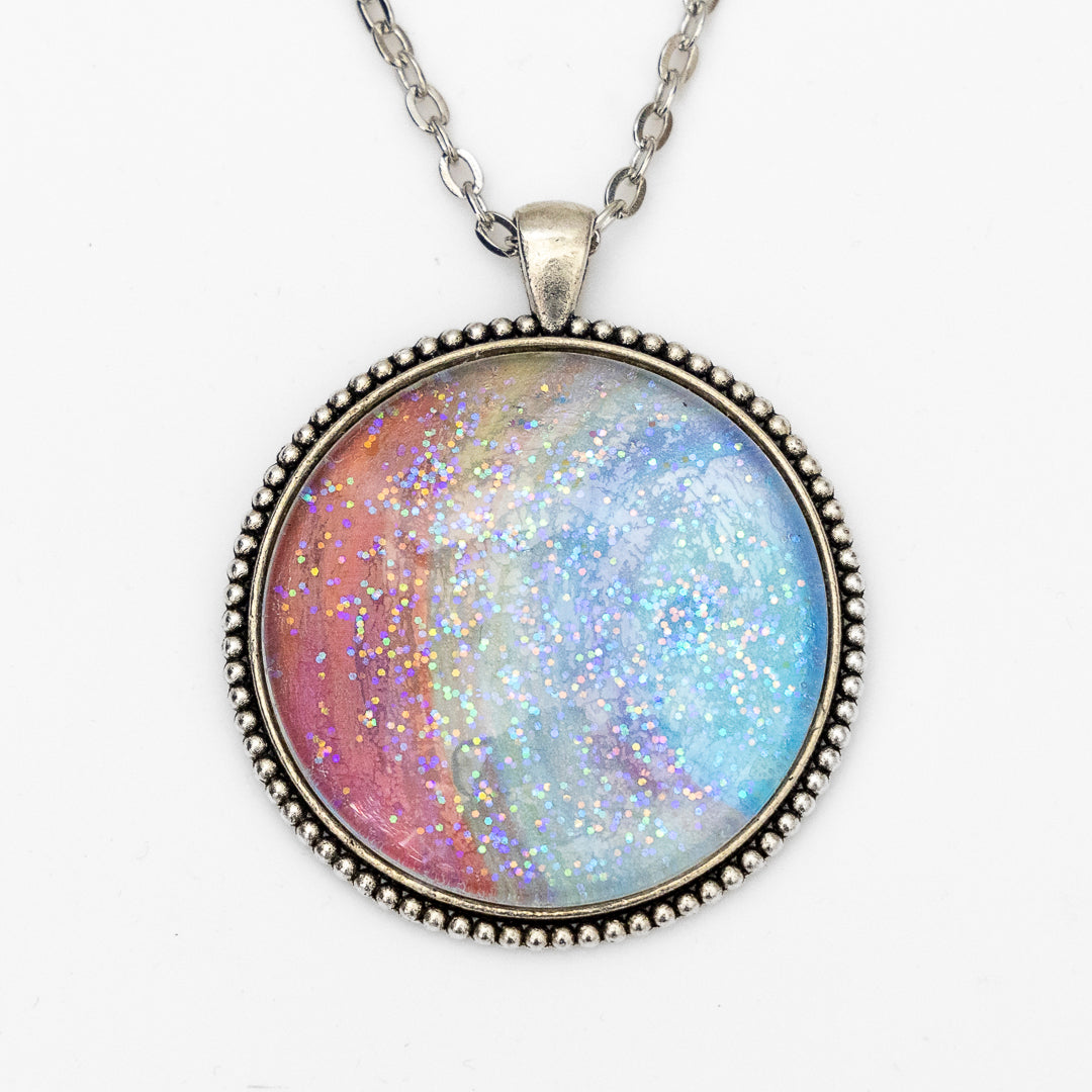 Coral, Yellow and Blue with Sparkles Large Round Pendant and Earrings