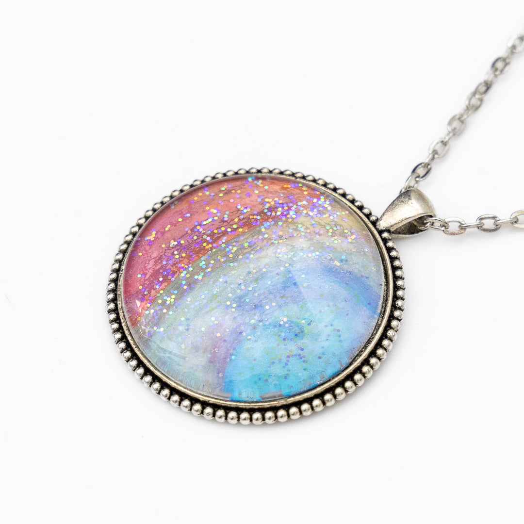 Coral, Yellow and Blue with Sparkles Large Round Pendant and Earrings