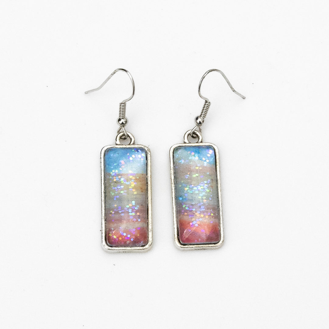 Coral, Yellow and Blue with Sparkles Large Round Pendant and Earrings