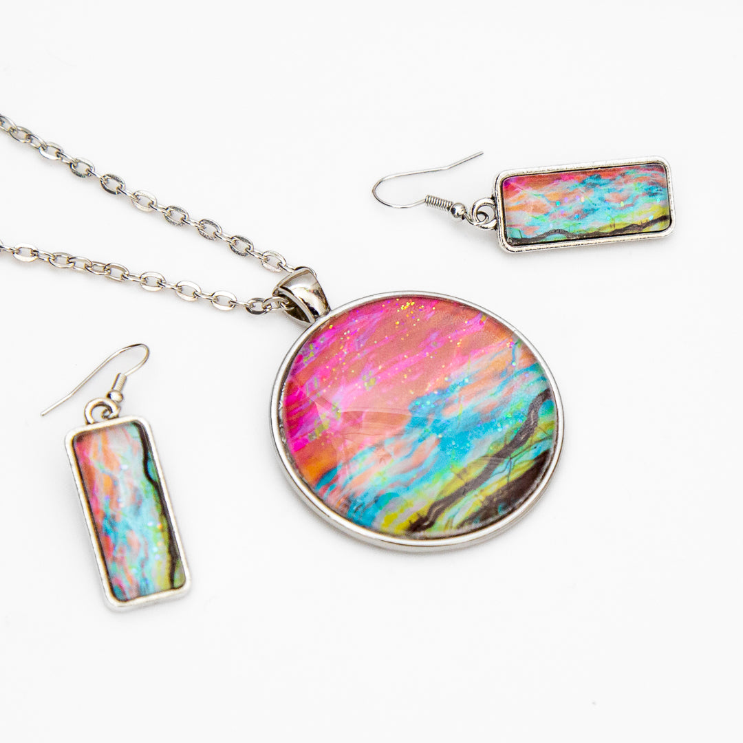 Red, Orange, Teal, Green, Black Large Round Pendant and Earrings