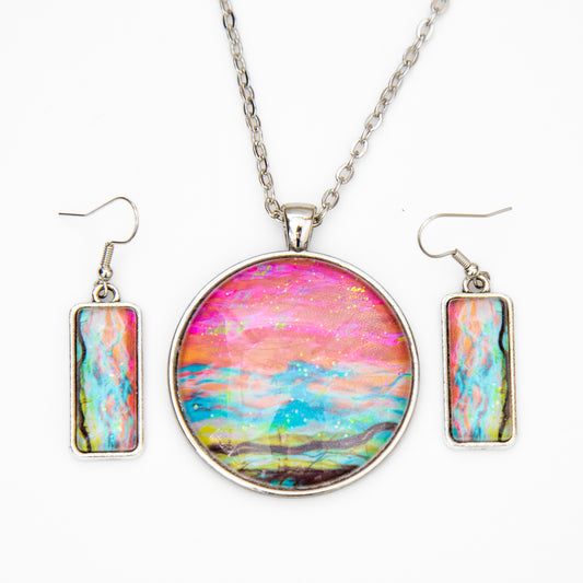 Red, Orange, Teal, Green, Black Large Round Pendant and Earrings