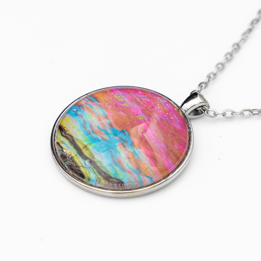 Red, Orange, Teal, Green, Black Large Round Pendant and Earrings