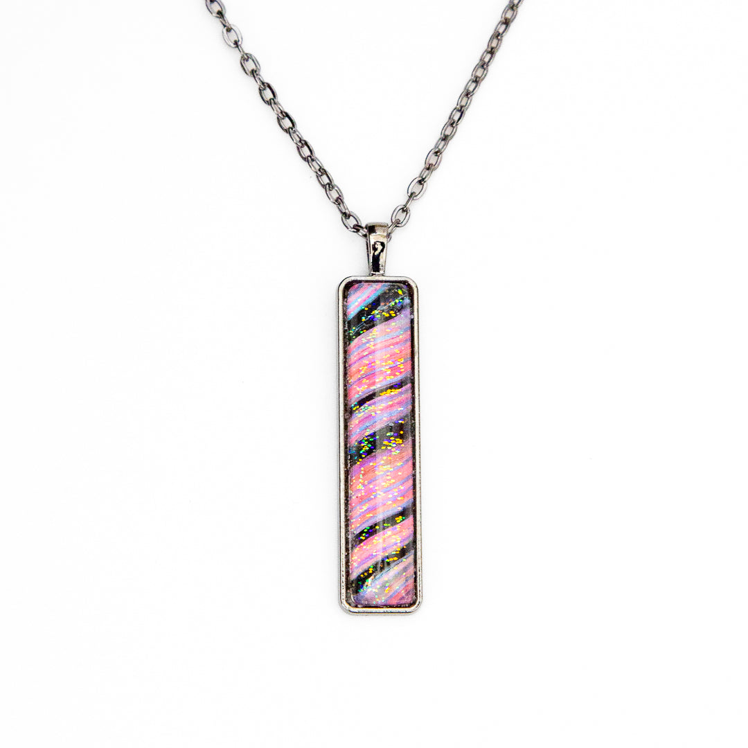 Pink and Black Swirl with Iridescent Sparkles Pendant on Gunmetal Chain