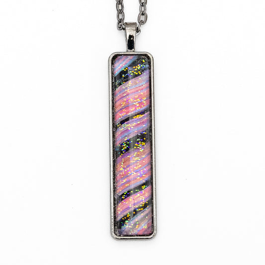 Pink and Black Swirl with Iridescent Sparkles Pendant on Gunmetal Chain