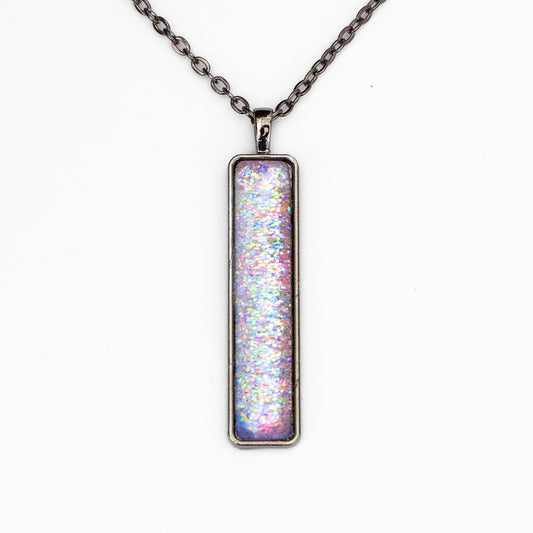 Pink with Iridescent Sparkles Pendant on Gunmetal Chain