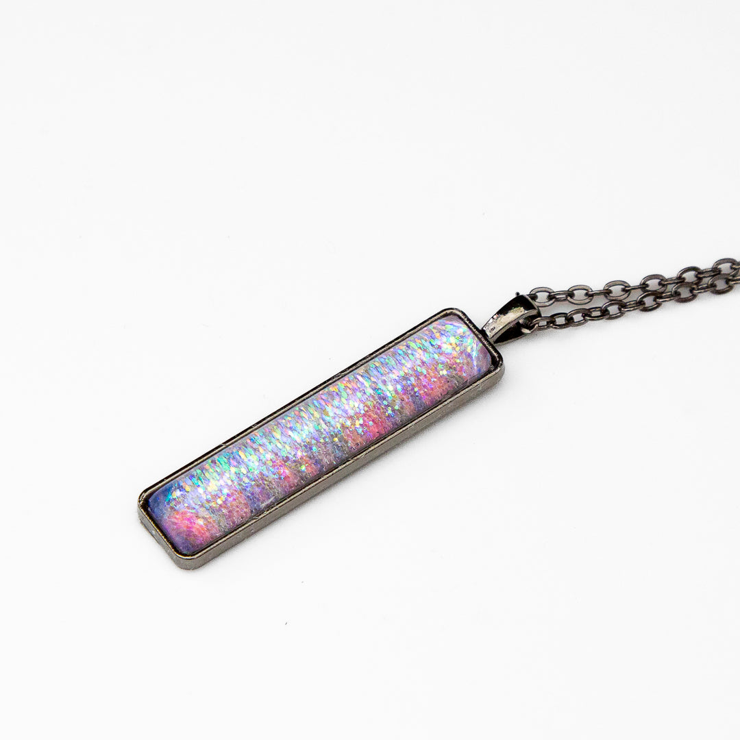 Pink with Iridescent Sparkles Pendant on Gunmetal Chain