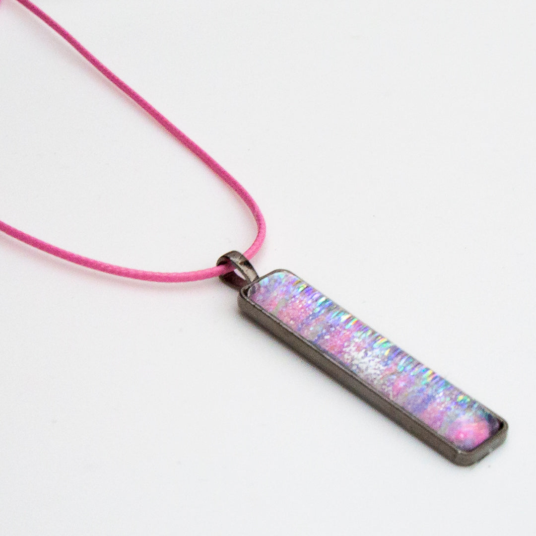 Pink with Iridescent Sparkles Pendant on Gunmetal Chain