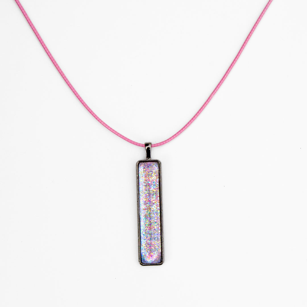 Pink with Iridescent Sparkles Pendant on Gunmetal Chain
