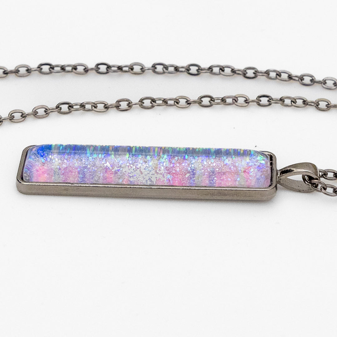 Pink with Iridescent Sparkles Pendant on Gunmetal Chain