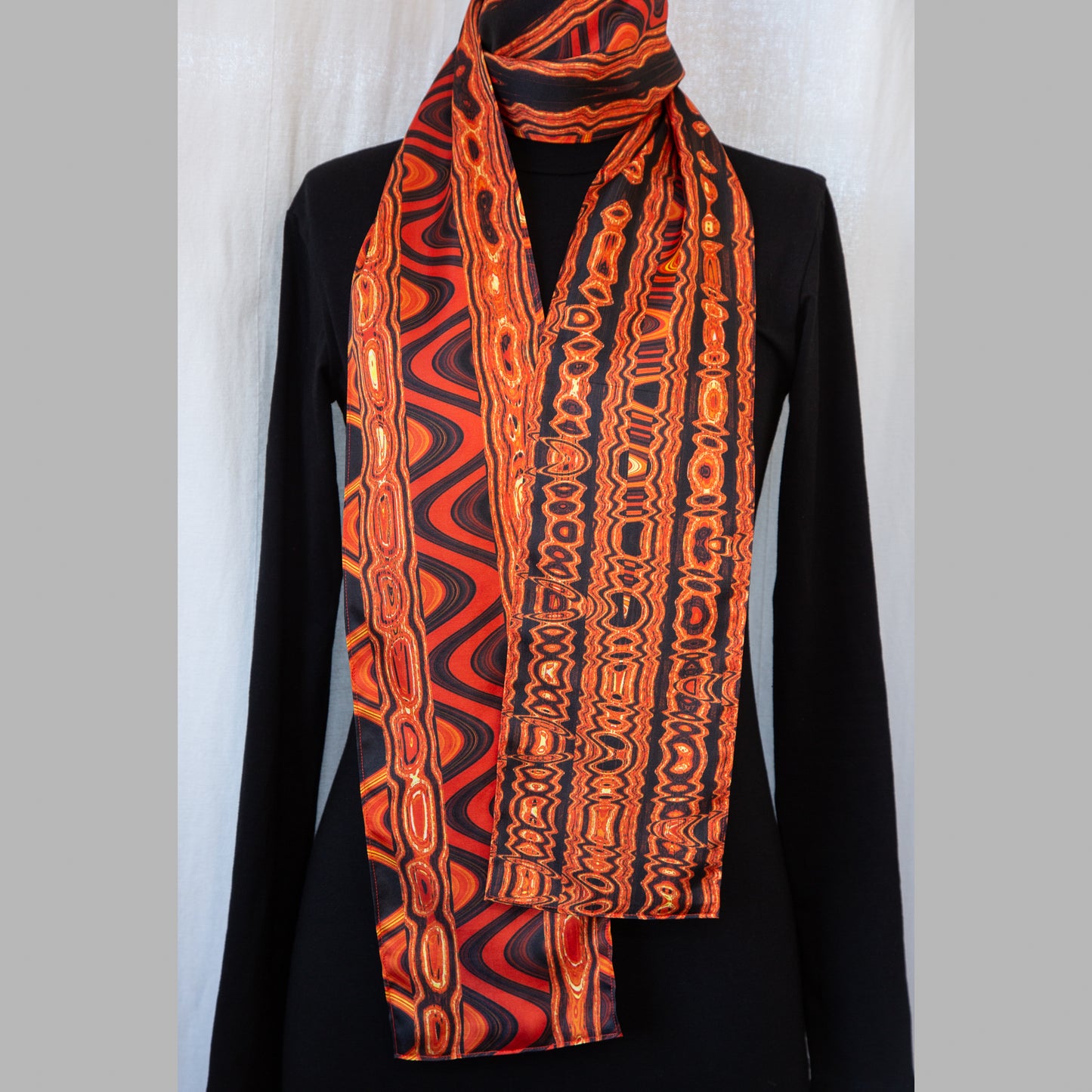 Red, Orange, Black, Yellow Abstract Print Silk Charmeuse Scarf - Fire Waves "Anaconda"