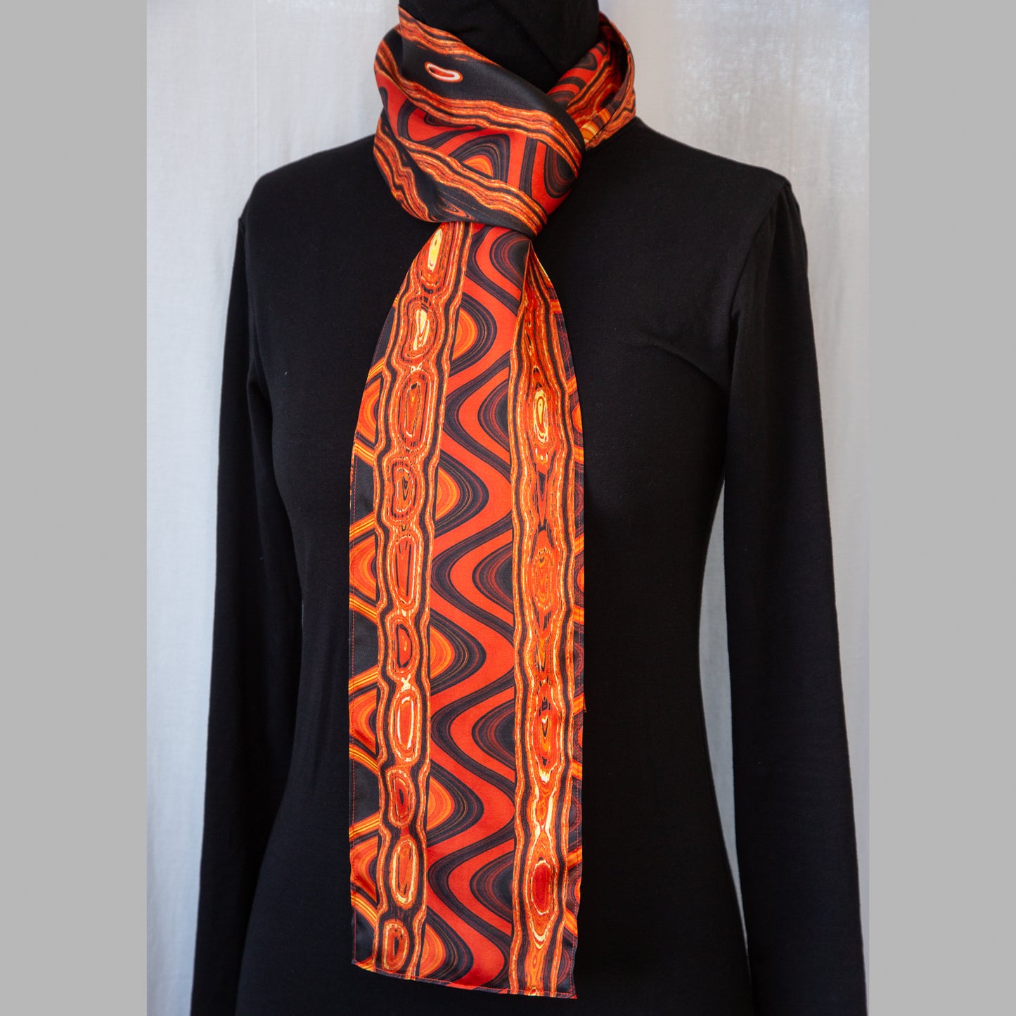 Red, Orange, Black, Yellow Abstract Print Silk Charmeuse Scarf - Fire Waves "Anaconda"