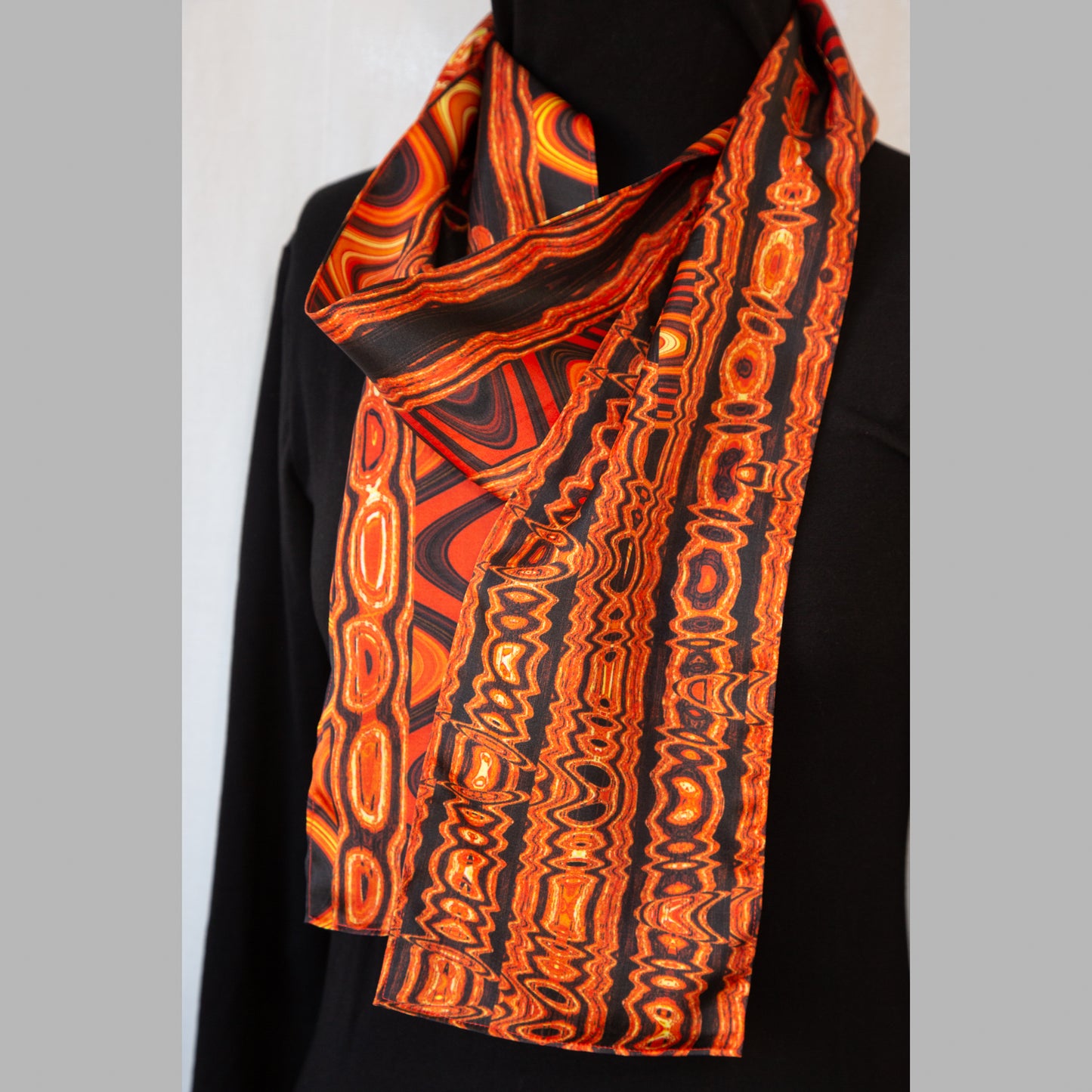 Red, Orange, Black, Yellow Abstract Print Silk Charmeuse Scarf - Fire Waves "Anaconda"