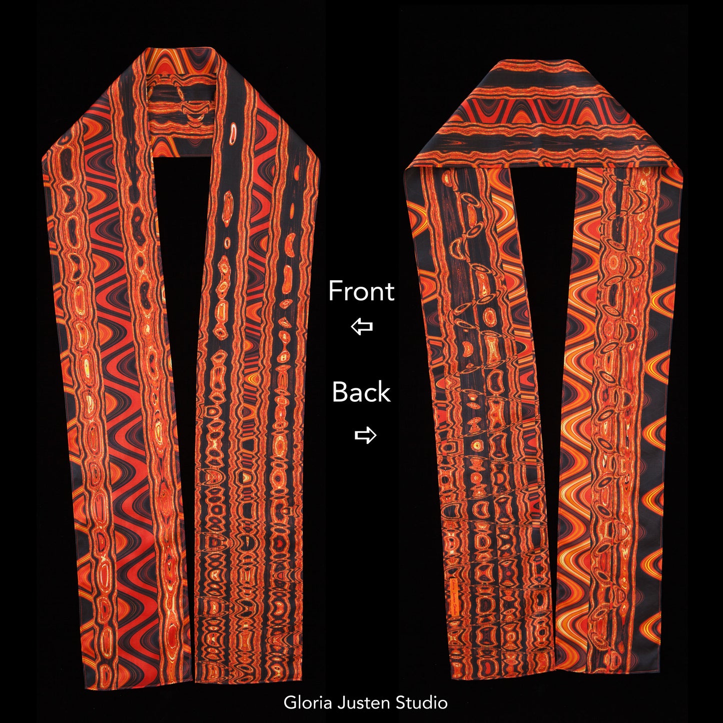 Red, Orange, Black, Yellow Abstract Print Silk Charmeuse Scarf - Fire Waves "Anaconda"