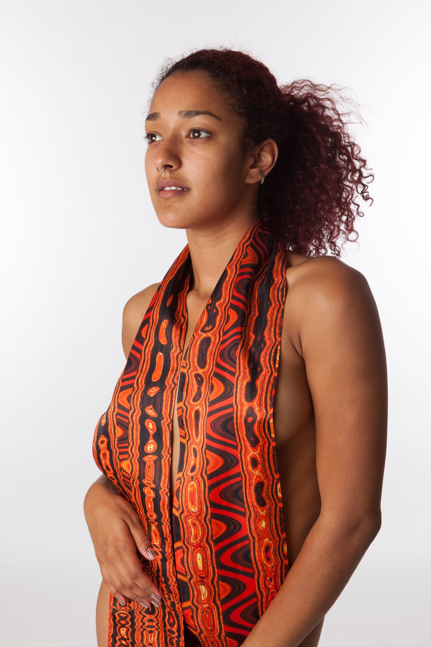 Red, Orange, Black, Yellow Abstract Print Silk Charmeuse Scarf - Fire Waves "Anaconda"