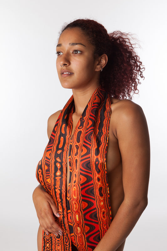 Red, Orange, Black, Yellow Abstract Print Silk Charmeuse Scarf - Fire Waves "Anaconda"