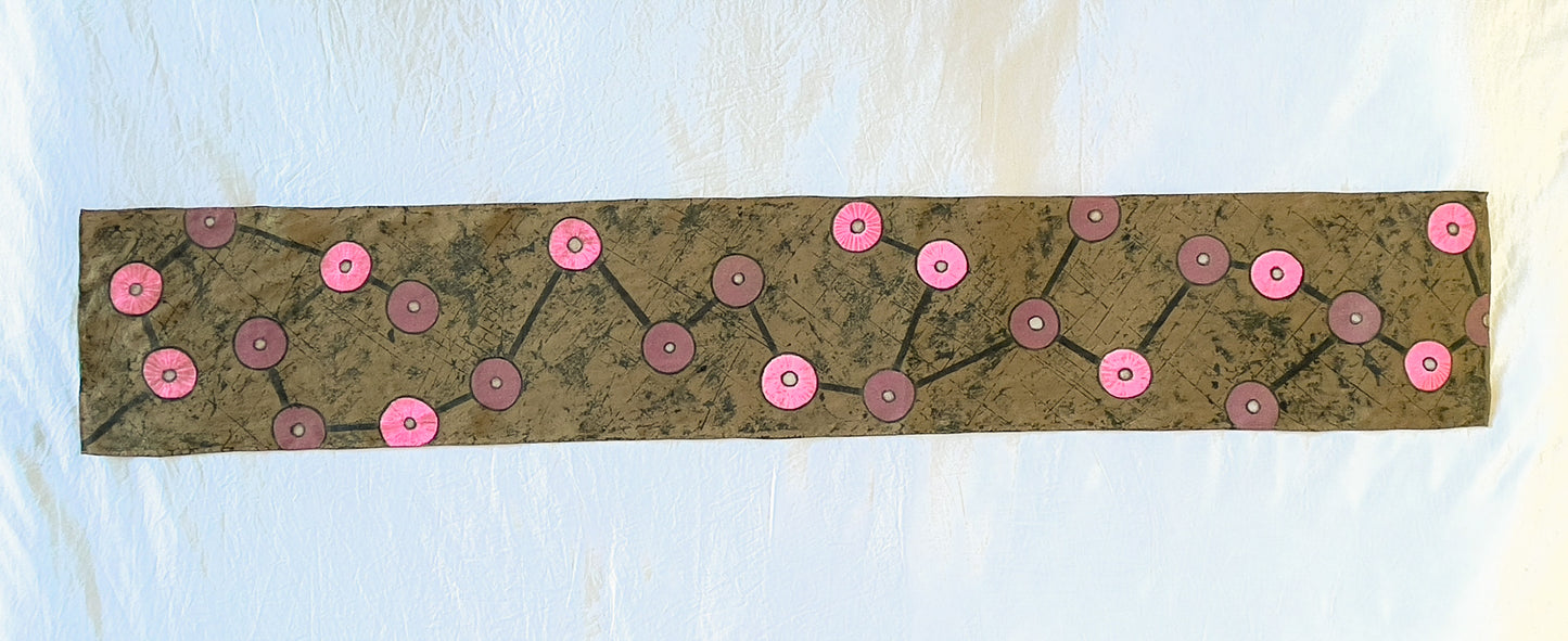 Dark taupe silk crepe de chine scarf with black lines and pink circles