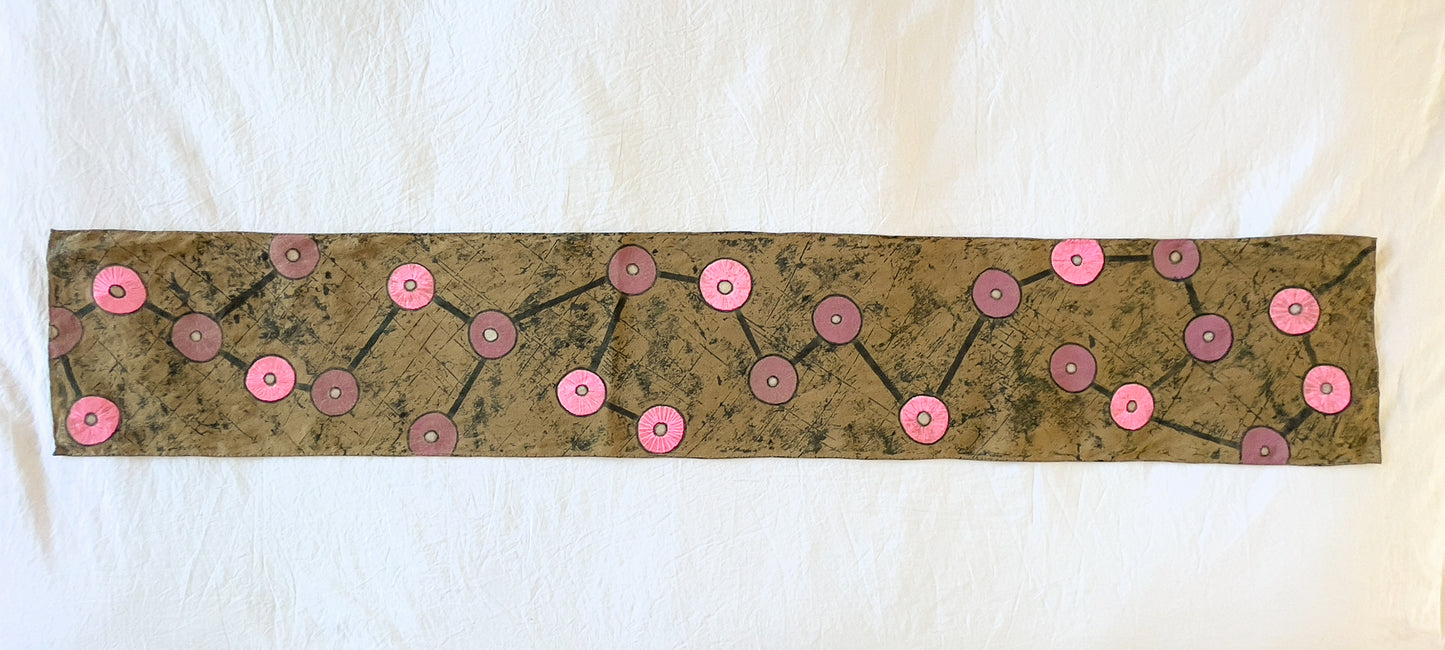 Dark taupe silk crepe de chine scarf with black lines and pink circles