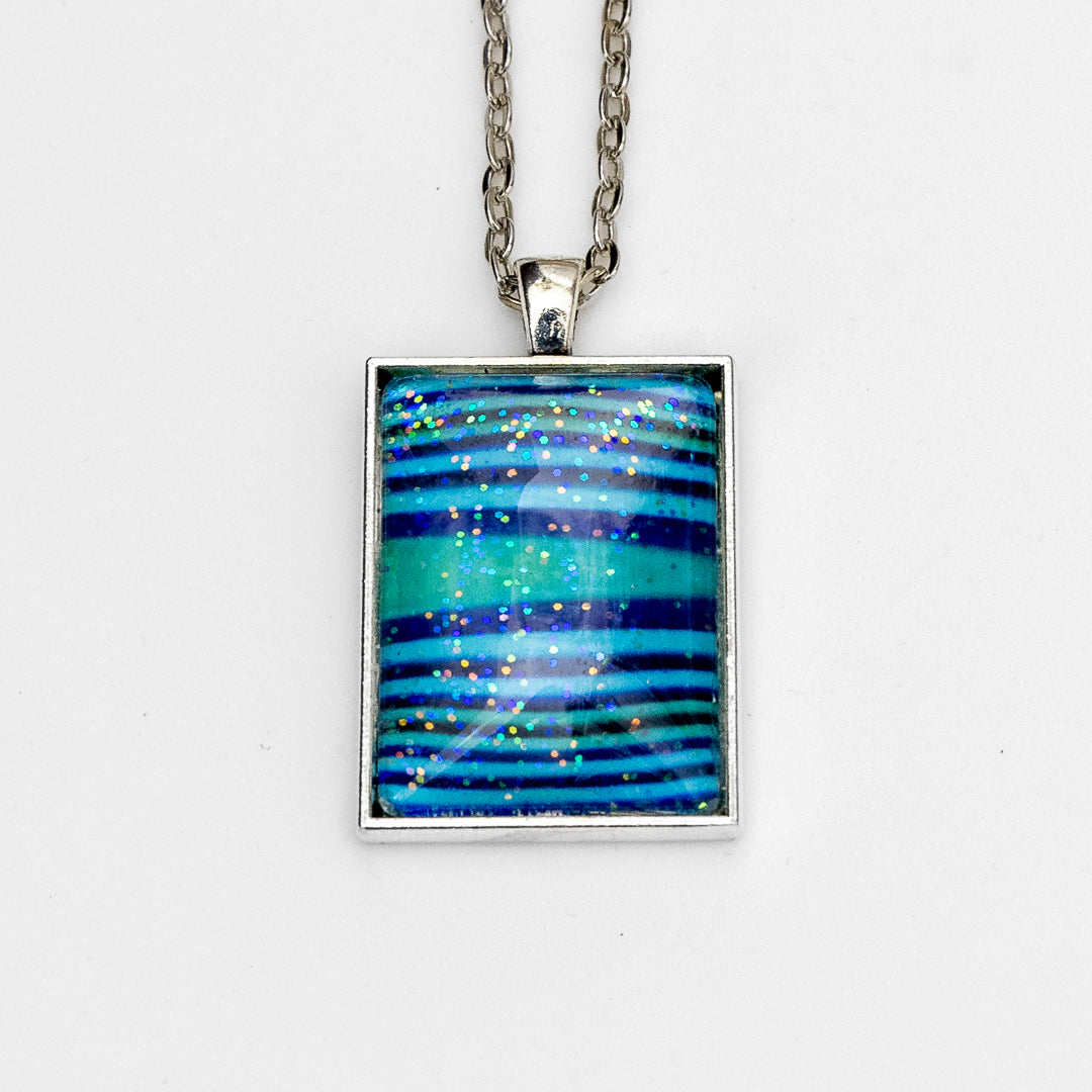 Blue Green Stripes and Sparkles Pendant and Earrings A
