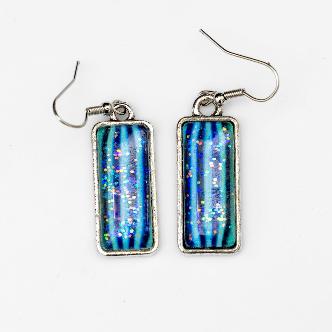 Blue Green Stripes and Sparkles Pendant and Earrings A