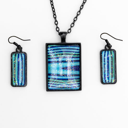 Blue Green Stripes and Sparkles Pendant and Earrings B