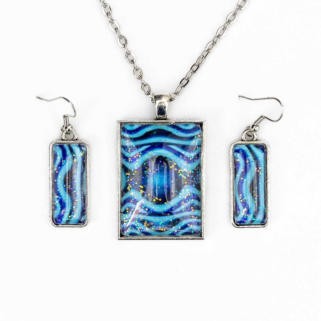 Blue Green Waves and Sparkles Pendant and Earrings