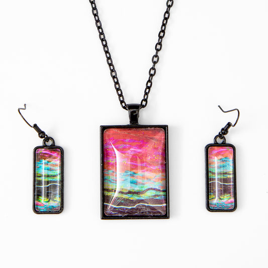 Red Teal Green Black with Sparkles Rectangular Pendant and Earrings