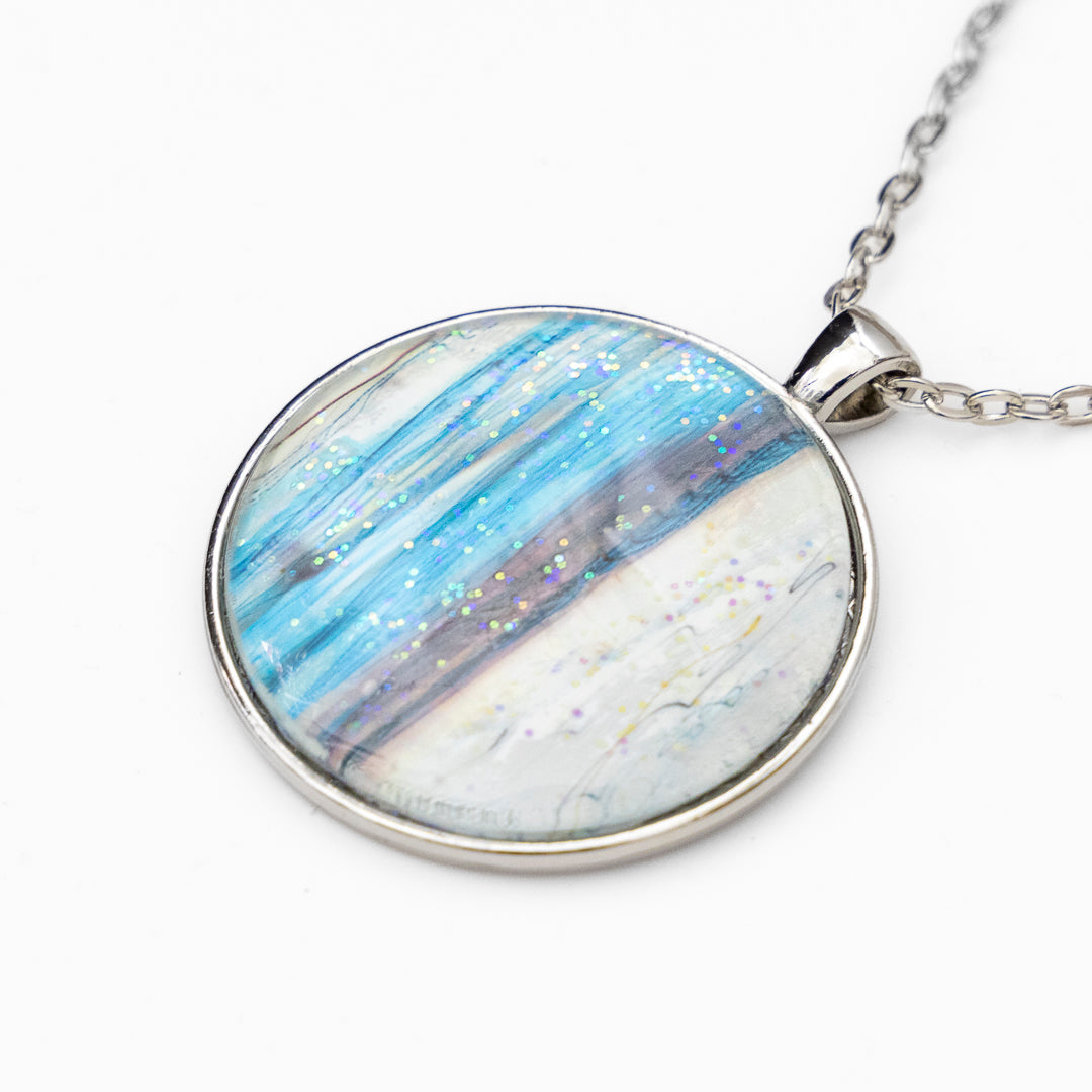 Blue, Gray and White with Sparkles Large Round Pendant