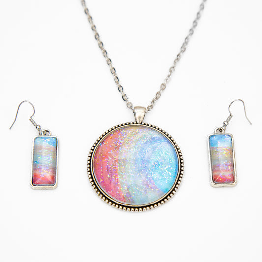 Coral, Yellow and Blue with Sparkles Large Round Pendant and Earrings