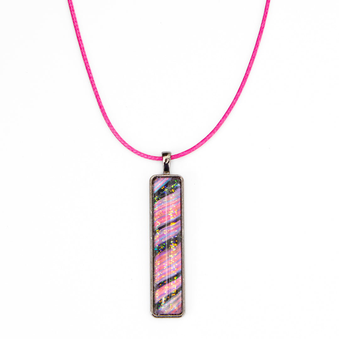 Pink and Black Swirl with Iridescent Sparkles Pendant on Gunmetal Chain